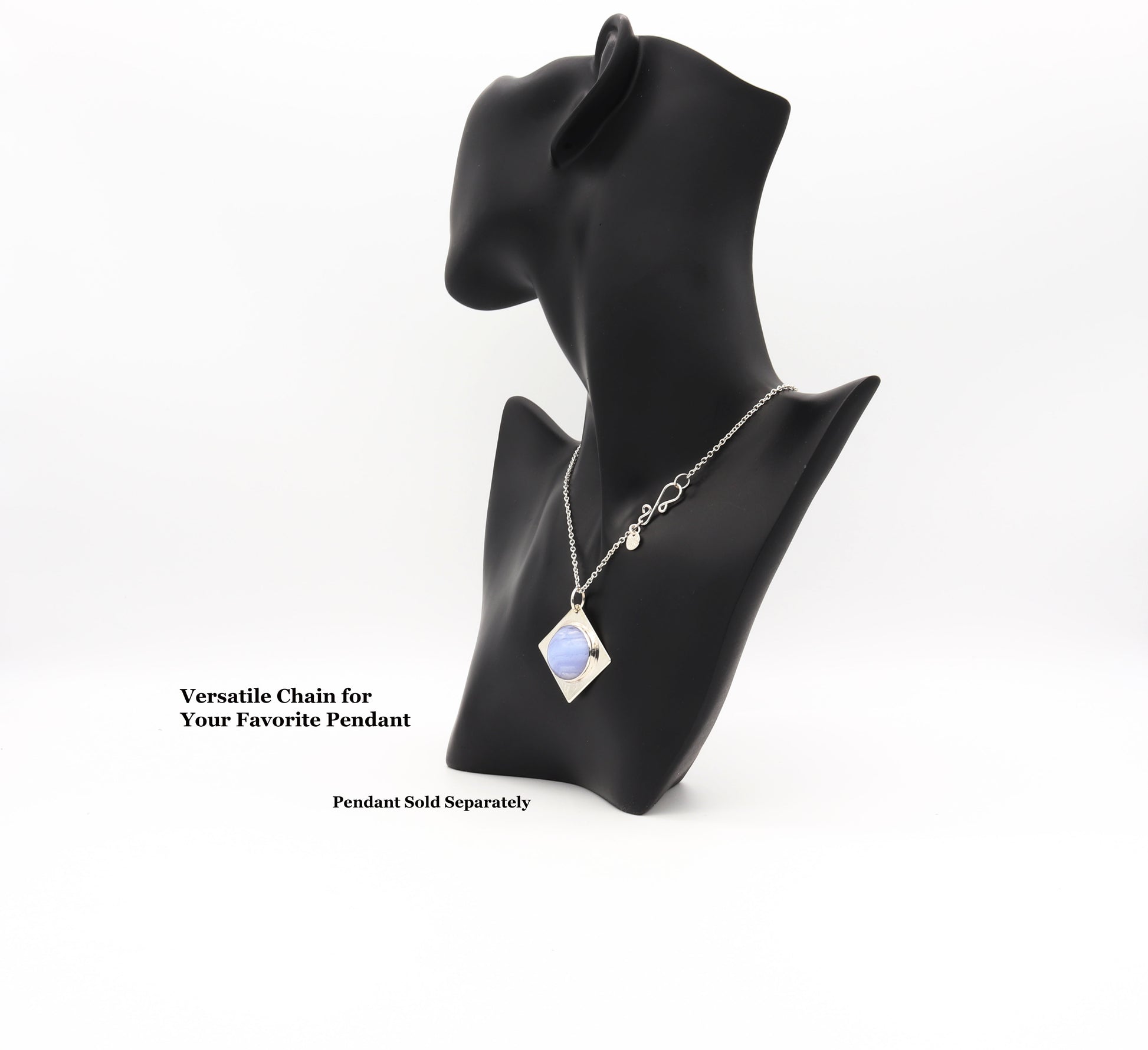 Argentium 935 Silver chain necklace with Blue Lace Agate pendant, modeled on Black Resin Boutique Bust Holder for Show Jewelry.