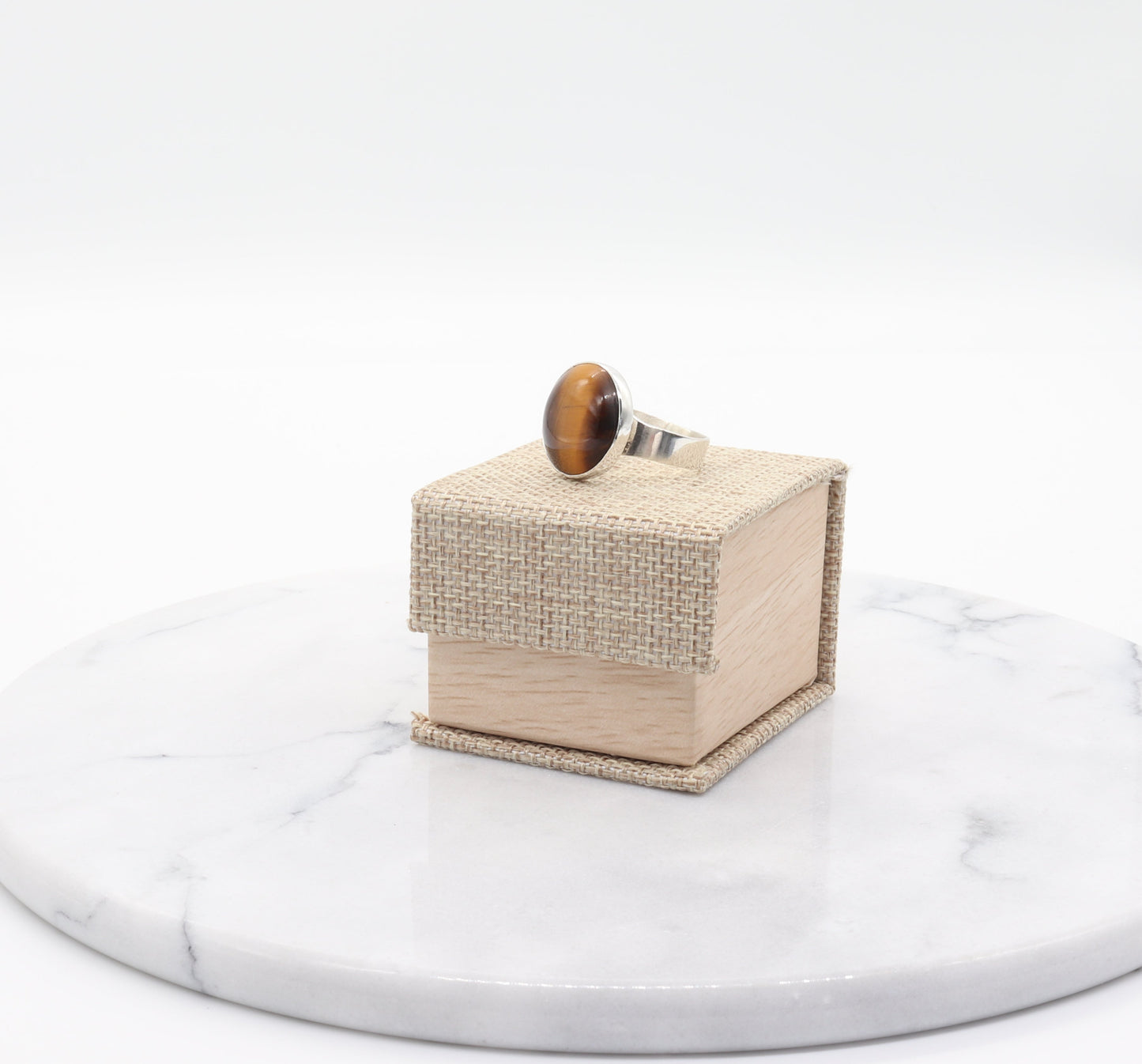 Tiger’s Eye set in Argentium® Silver packaged in CABANA Burlap and Wood Patterned Ring Gift Box ready to gift.