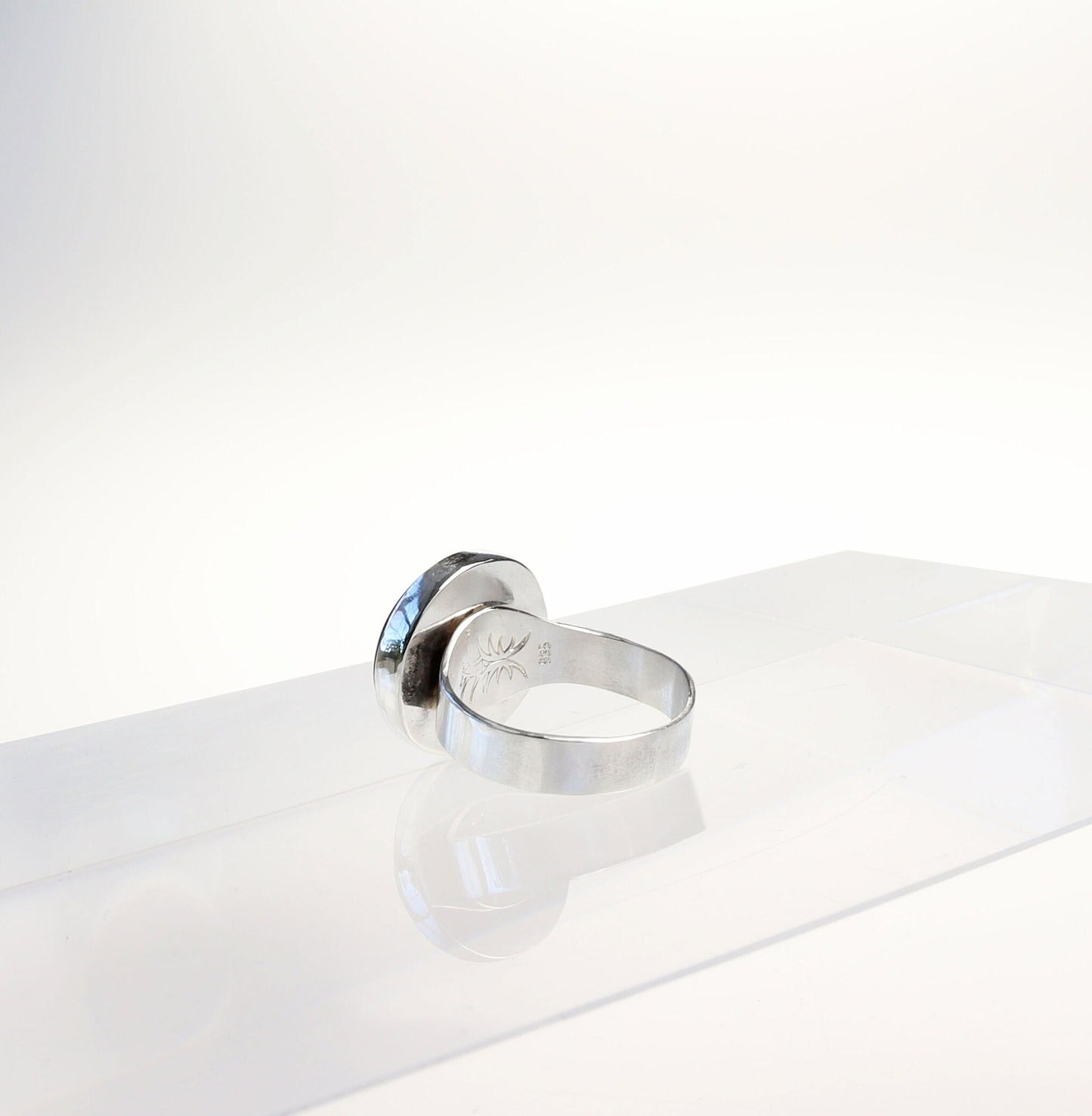 Inside view of Tiger's Eye Ring Mens display of makers mark, in 935 Argentium Silver, natural cabochon gemstone, USA made, Perfect Gift for Him or anyone, Size: 11.75.