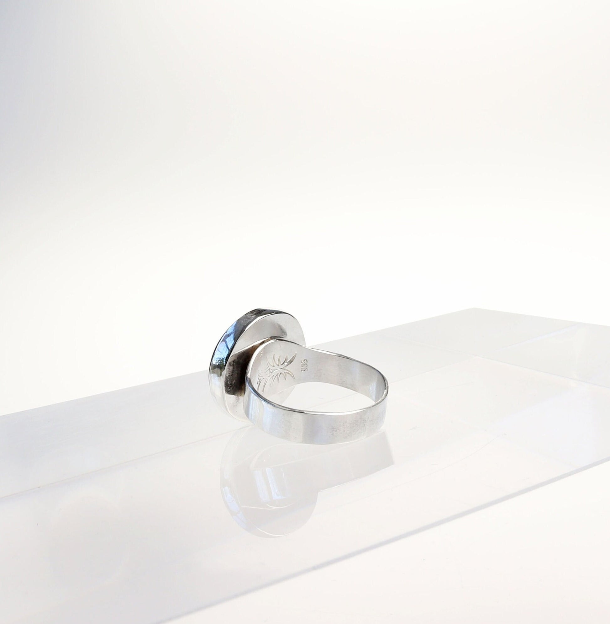 Inside view of Tiger's Eye Ring Mens display of makers mark, in 935 Argentium Silver, natural cabochon gemstone, USA made, Perfect Gift for Him or anyone, Size: 11.75.