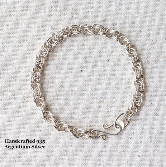 A Double Link Spiral Chain Bracelet is made from premium 935 Argentium® silver—a brighter, hypoallergenic, and tarnish resistant alternative to traditional sterling.