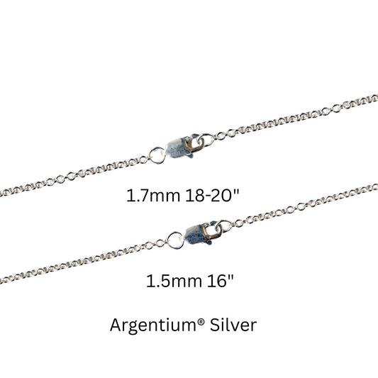 Argentium® silver chains in 1.5mm or 1.7mm – tarnish-resistant, hypoallergenic, and made in the USA – perfect for everyday wear or pendants.