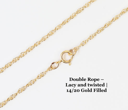 A ready-to-wear 18" double rope chain is crafted from 14/20 yellow gold-filled metal and offers a classic, lacy foundation for your favorite pendant or charm. 
