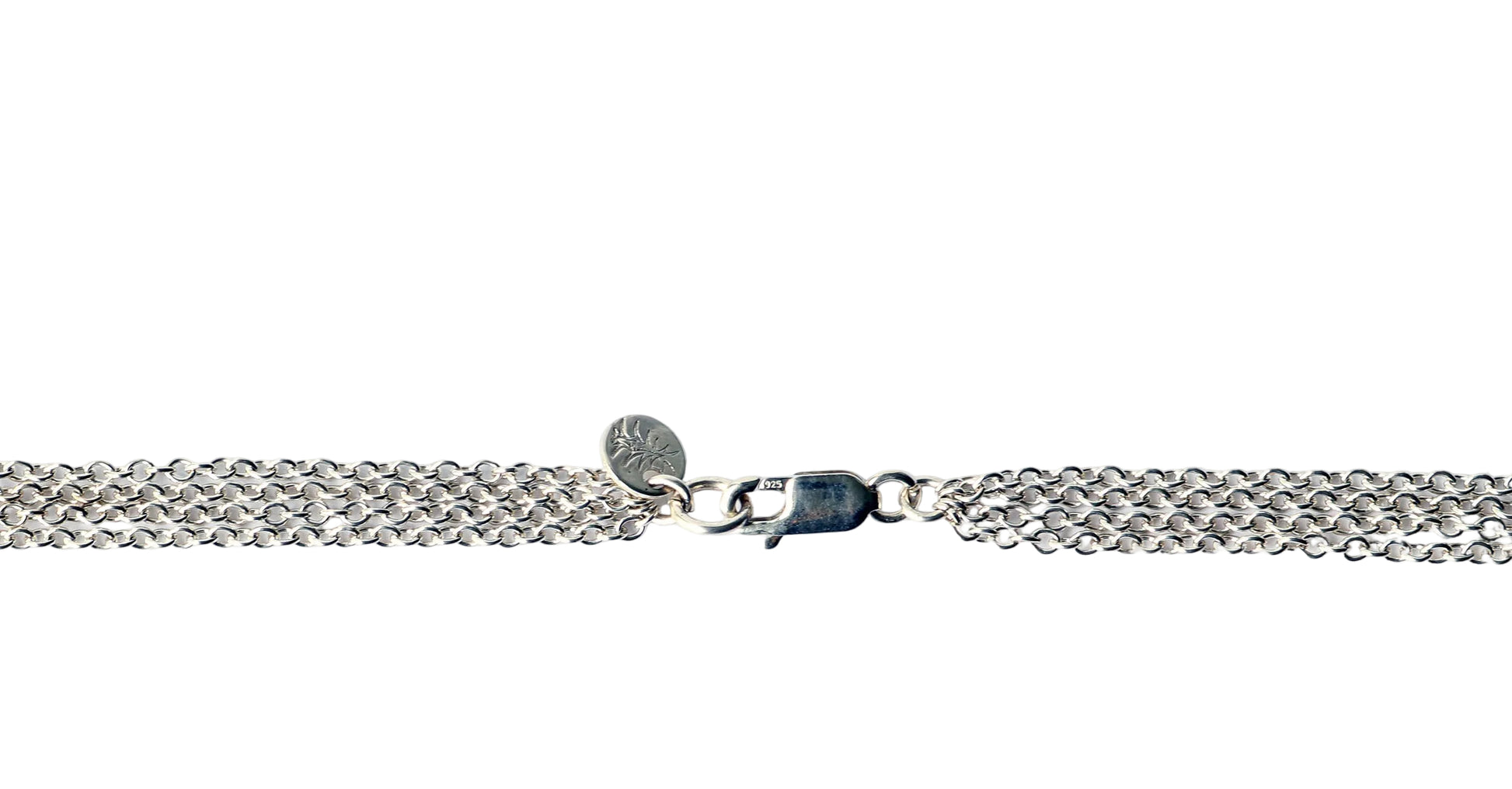 A closeup of the 925 lobster clasp of this 4-Strand Argentium® Silver Chain Necklace – 18" Oval Cable.