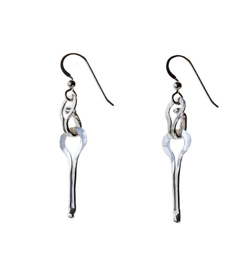 Argentium solid silver keyhole drop earrings handmade finished with Argentium® Silver ear wires shown on white background.