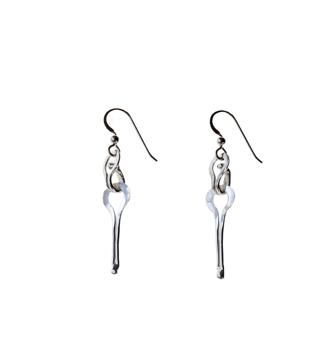 A pair of solid Argentium® silver dangle keyhole shaped earrings. Finished with Argentium® Silver ear wires and shown on white background.