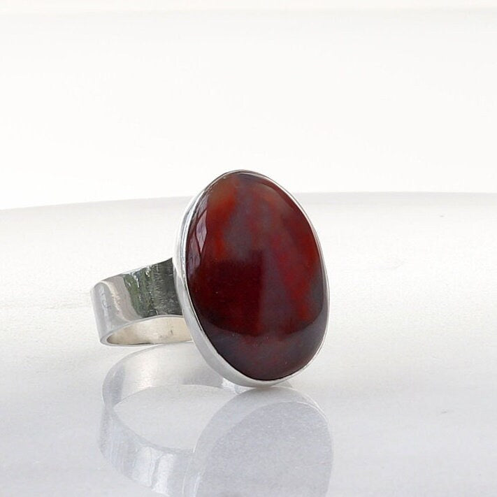 Angle view of Petrified Rainbow Wood Ring in Argentium Silver