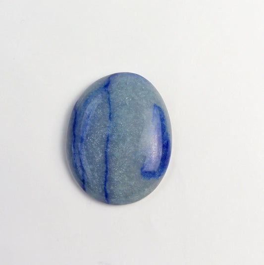 A polished oval Aventurine gemstone with a light blue-gray base and dark blue veining, displayed on a clean white background.