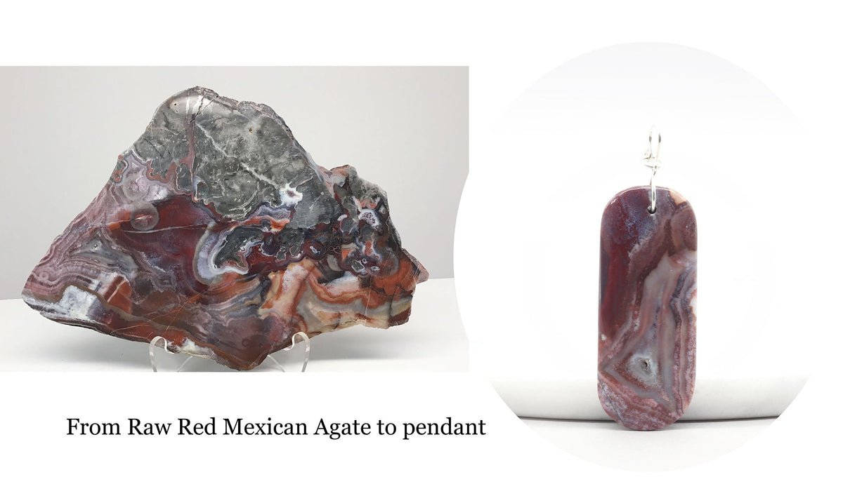Raw red Mexican agate stone specimen on a display stand next to a polished rectangular pendant in Red Mexican Agate with a silver loop, shown on a white background with text reading 'From Raw Red Mexican Agate to pendant'