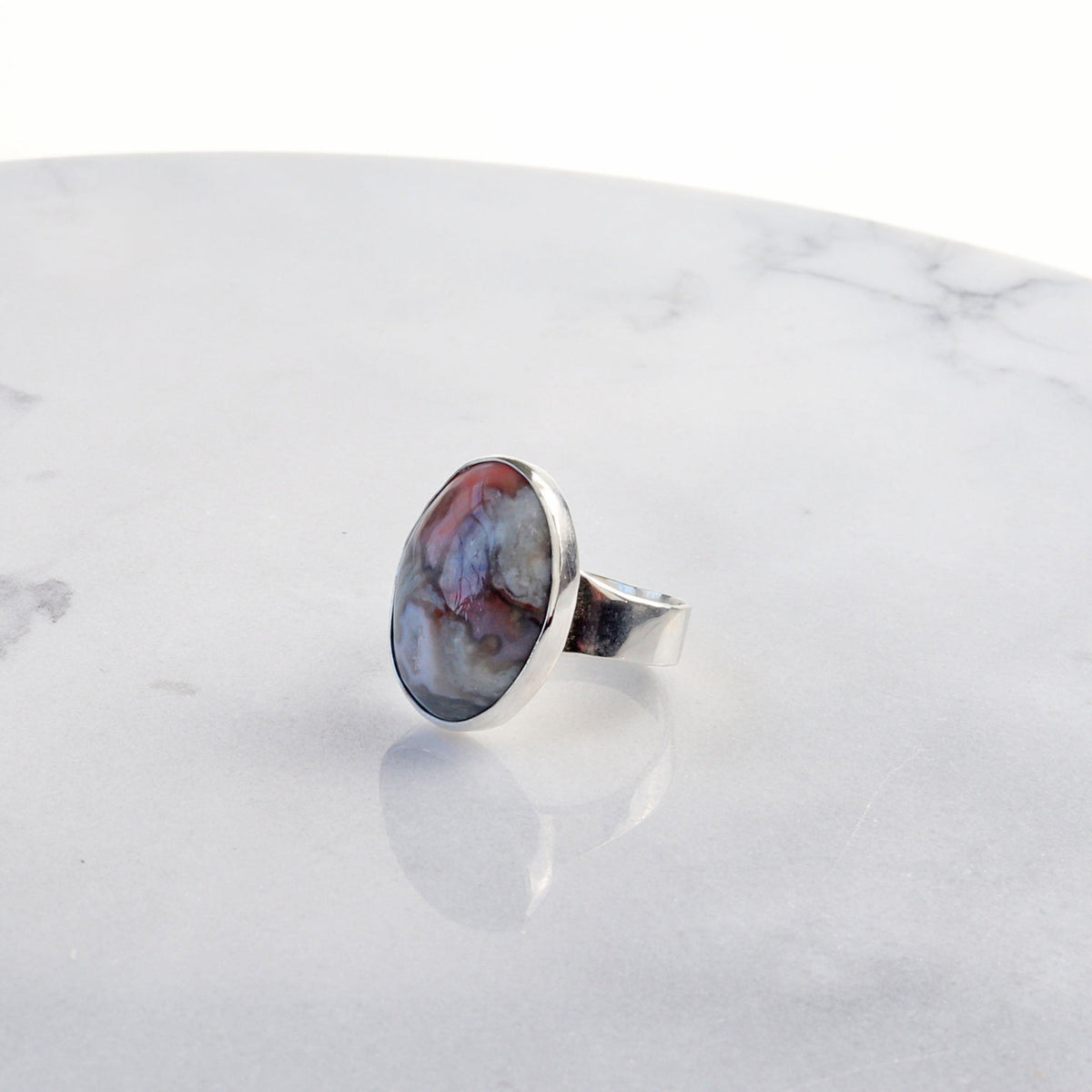 Natural Crazy Lace Agate ring in solid Argentium 935 silver, size 7.75, handcrafted by Elkhorn Silver