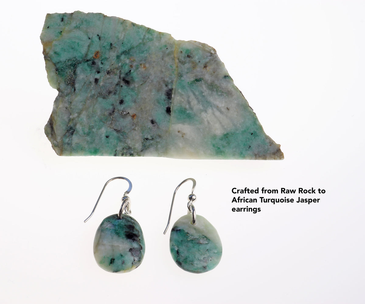 Raw turquoise jasper stone slab and matching polished drop earrings with silver fishhook wires, shown on a white background with text reading 'Crafted from Raw Rock to African Turquoise Jasper earrings'.
