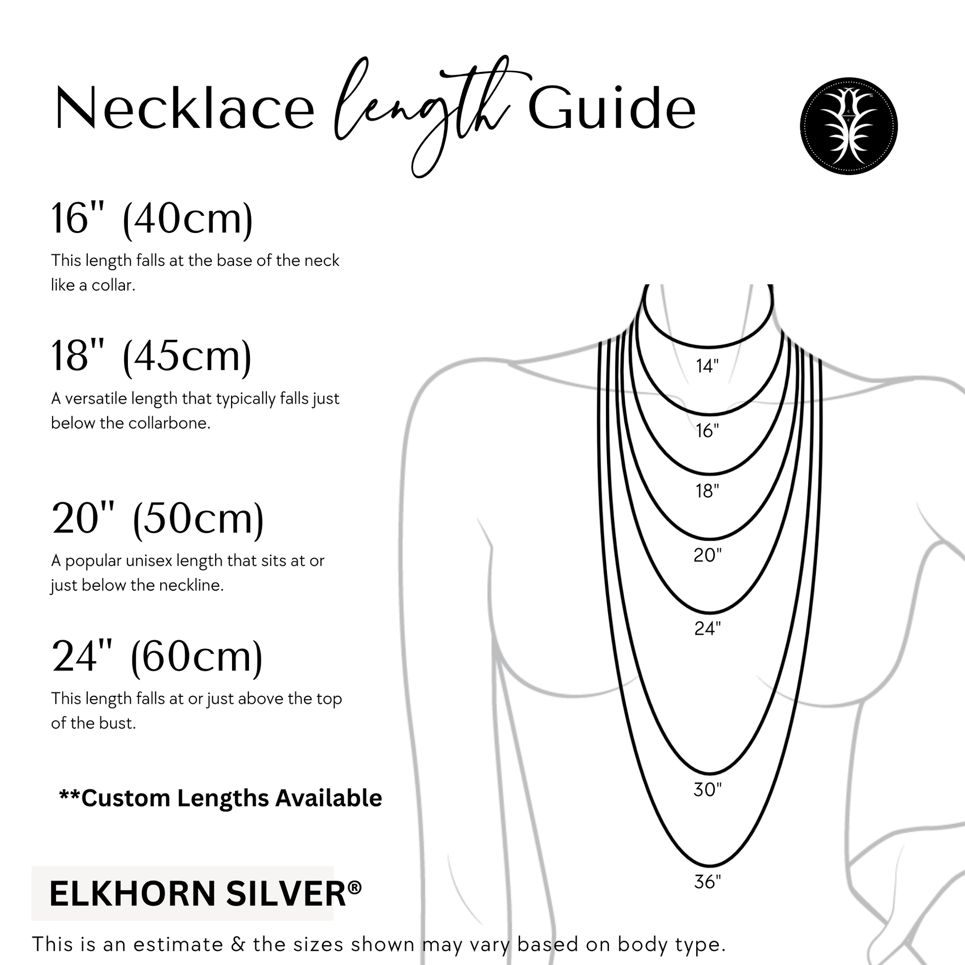 Necklace length guide with measurements and illustrations on a white background