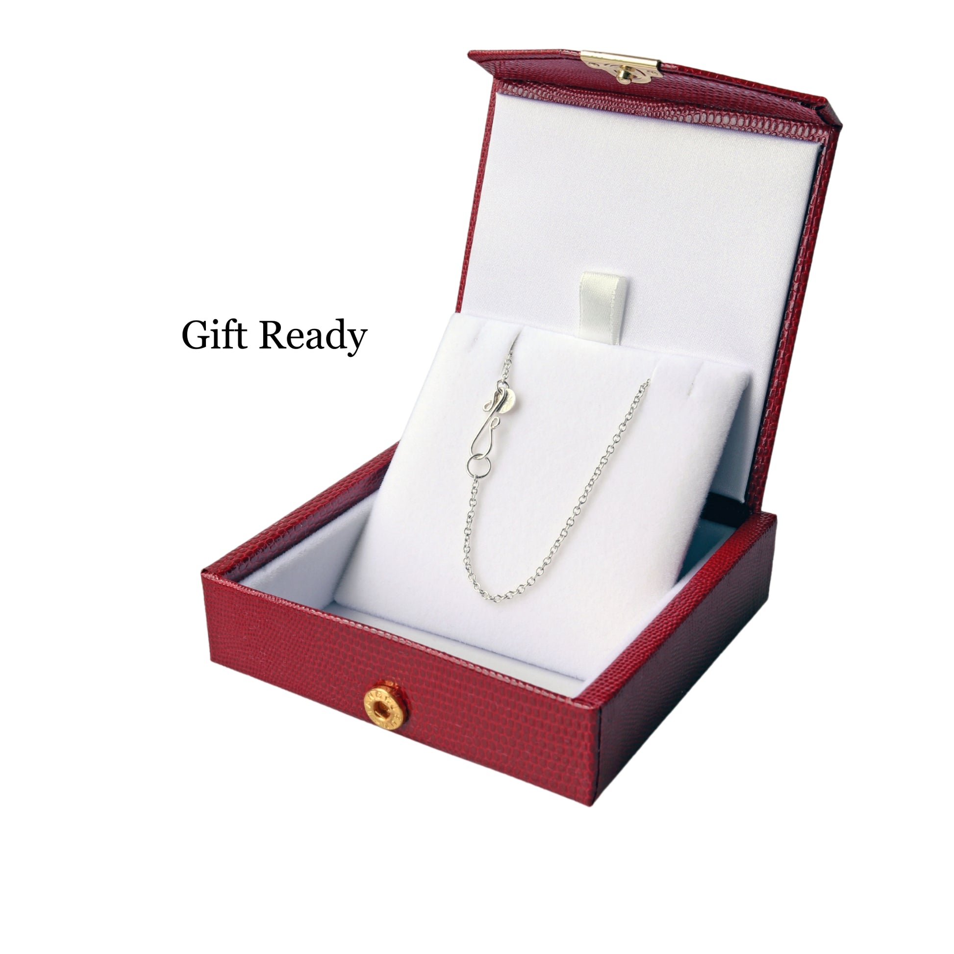 Gift Ready with a red faux leather gift box shown with chain attached and on white background.