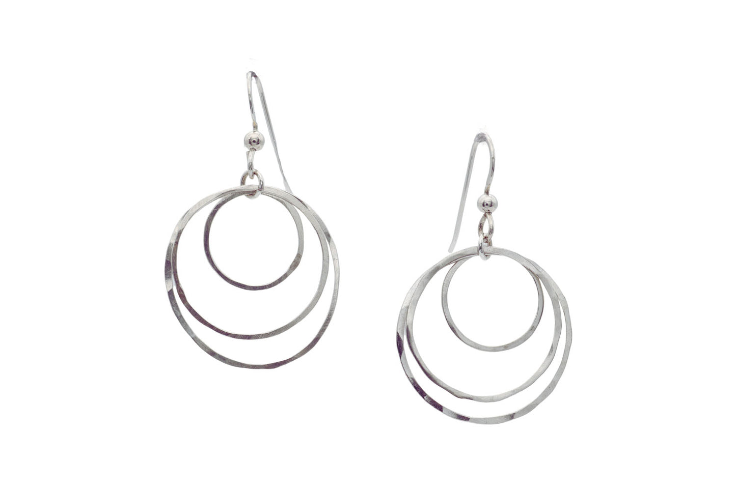 Triple Hoop Dangle Earrings – Handmade Argentium® 935 Silver Circles shown on white background.