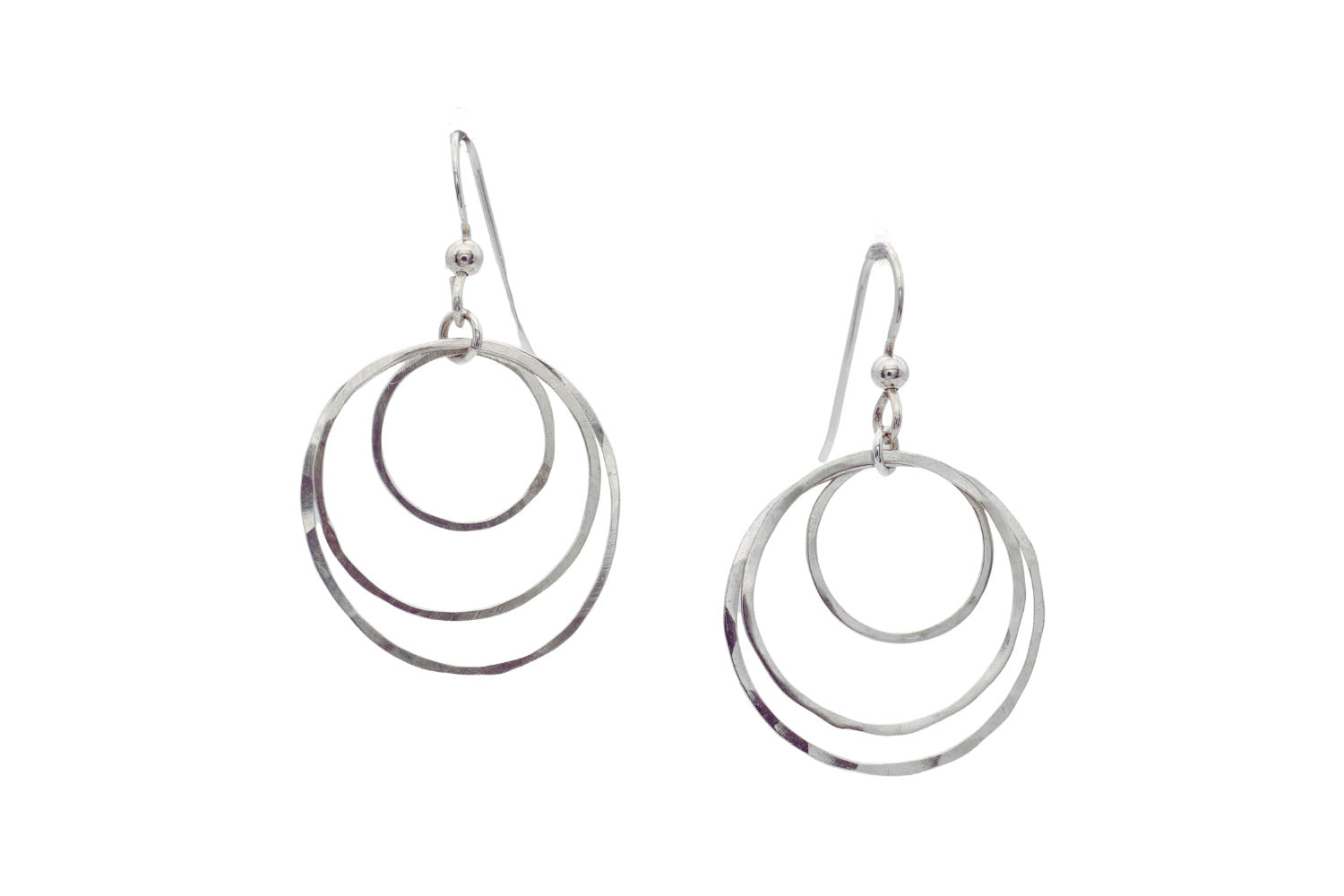 Triple Hoop Dangle Earrings – Handmade Argentium® 935 Silver Circles shown on white background.