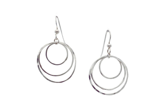 Triple Hoop Dangle Earrings – Handmade Argentium® 935 Silver Circles shown on white background.