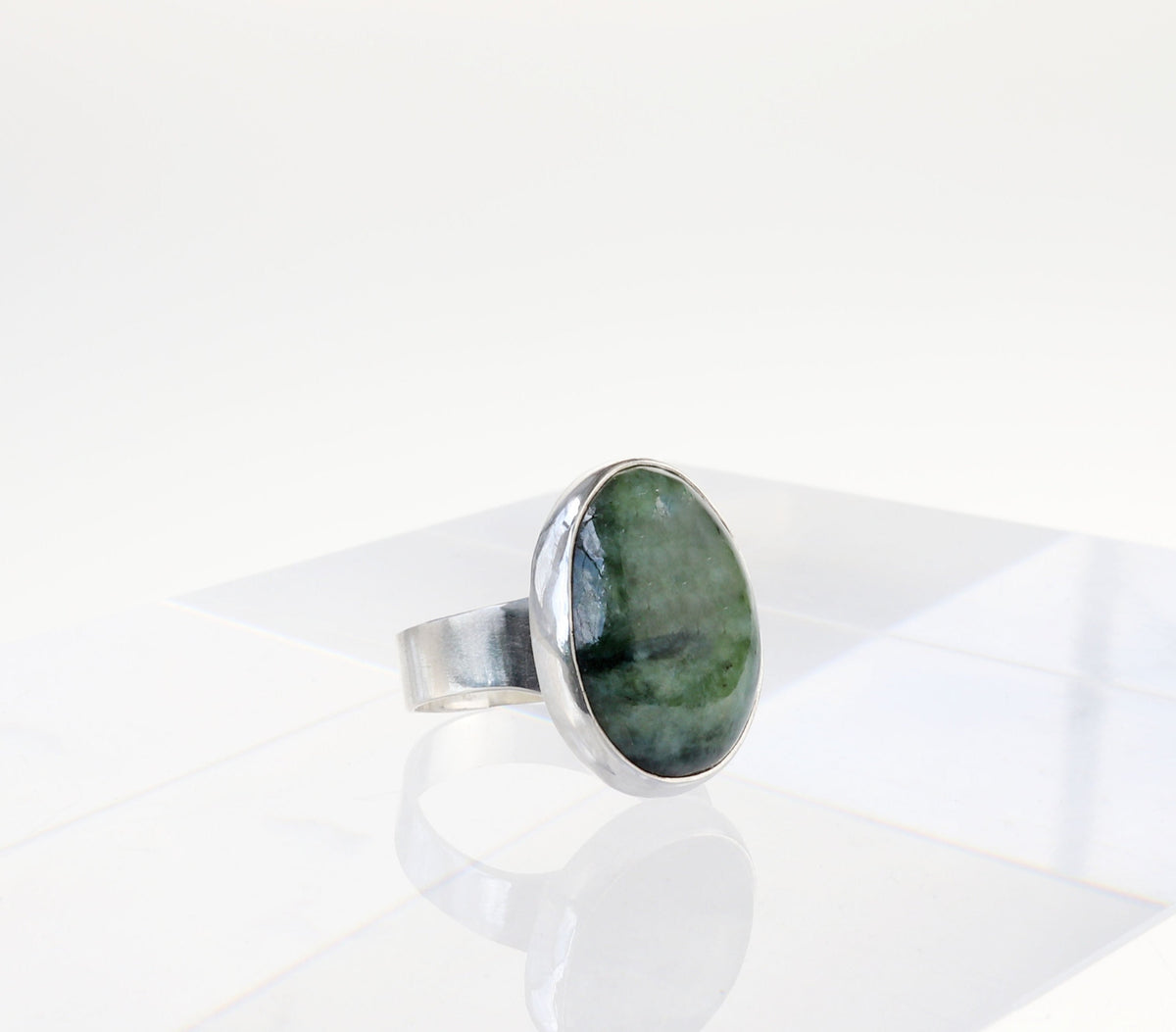 Natural Wyoming Nephrite Jade ring handcrafted in solid Argentium 935 silver, size 11 1/4