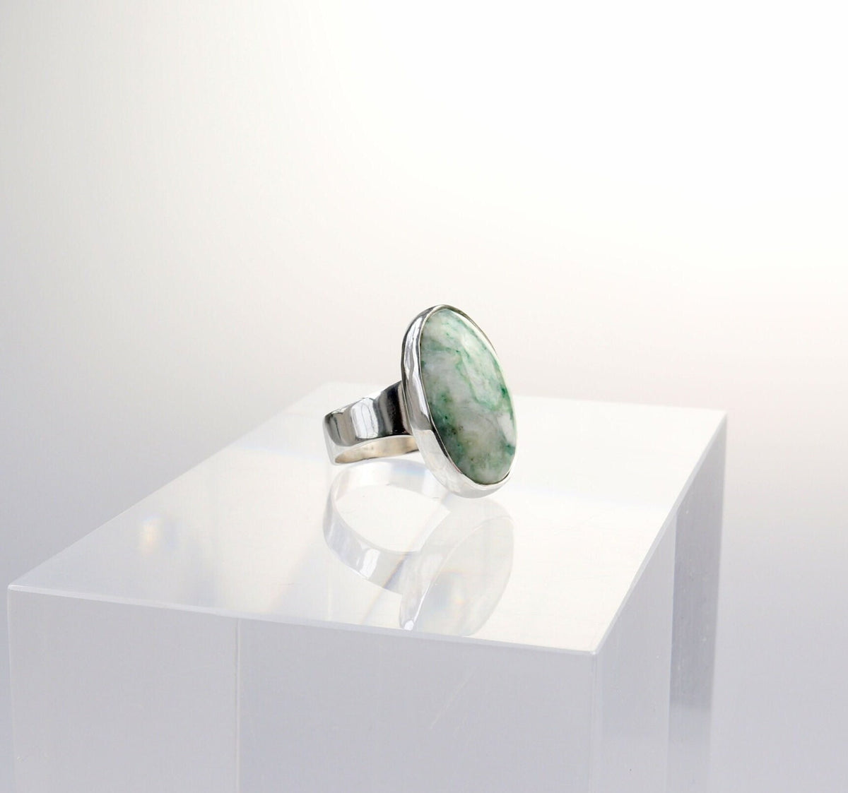 Handcut Mariposite gemstone ring in polished Argentium 935 silver, size 7.75