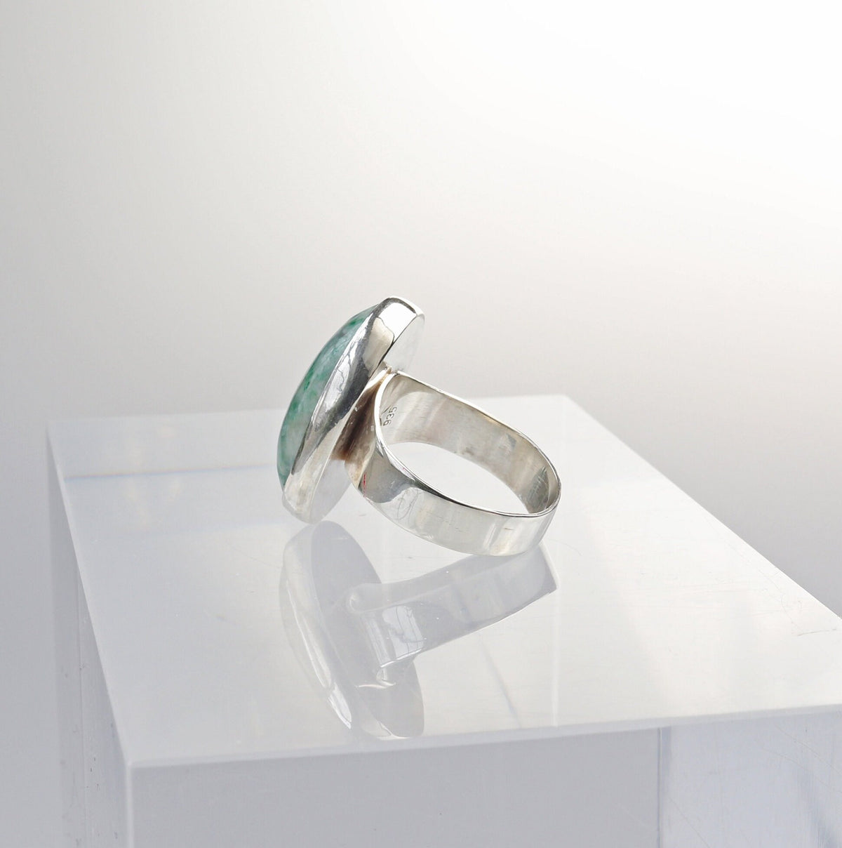 Handcut Mariposite gemstone ring in polished Argentium 935 silver, size 7.75