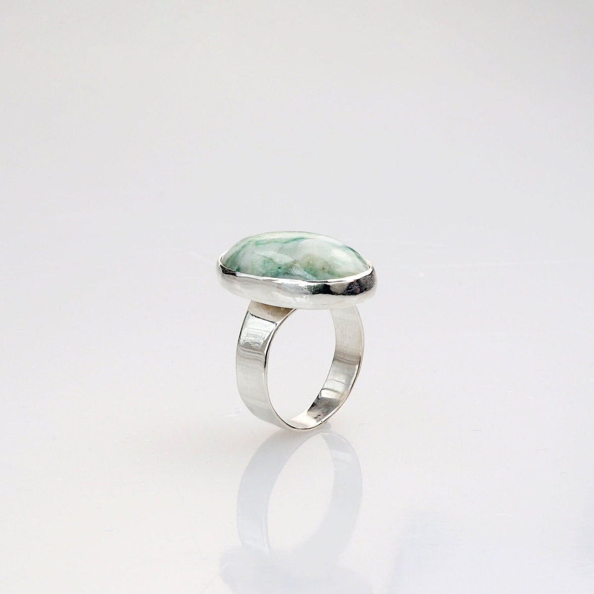 Handcut Mariposite gemstone ring in polished Argentium 935 silver, size 7.75