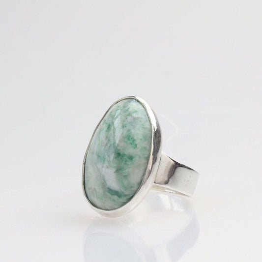 Handcut Mariposite gemstone ring in polished Argentium 935 silver, size 7.75