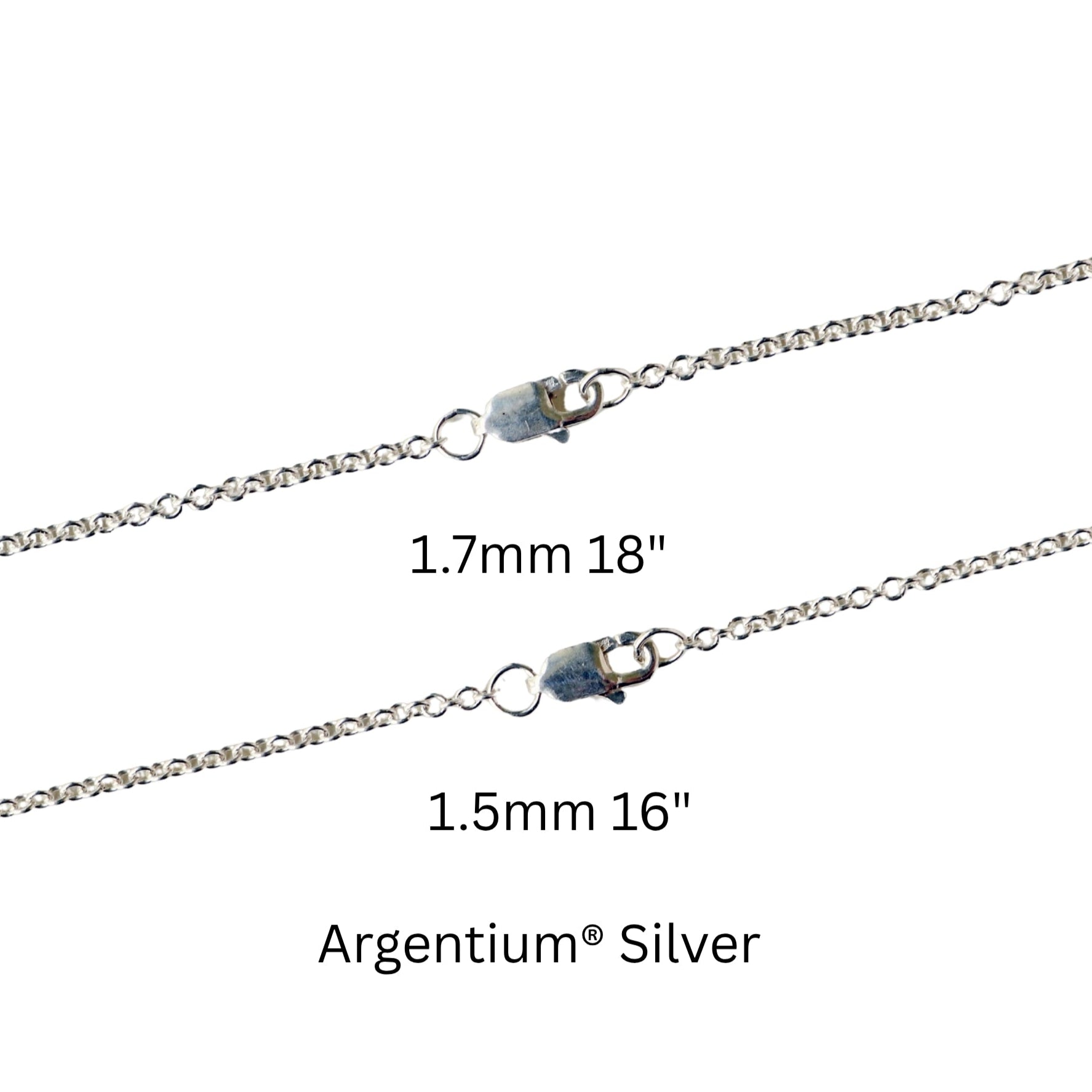 Argentium® silver chains in 1.5mm or 1.7mm – tarnish-resistant, hypoallergenic, and made in the USA – perfect for everyday wear or pendants.