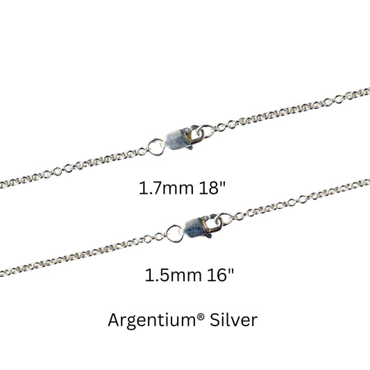 Argentium® silver chains in 1.5mm or 1.7mm – tarnish-resistant, hypoallergenic, and made in the USA – perfect for everyday wear or pendants.
