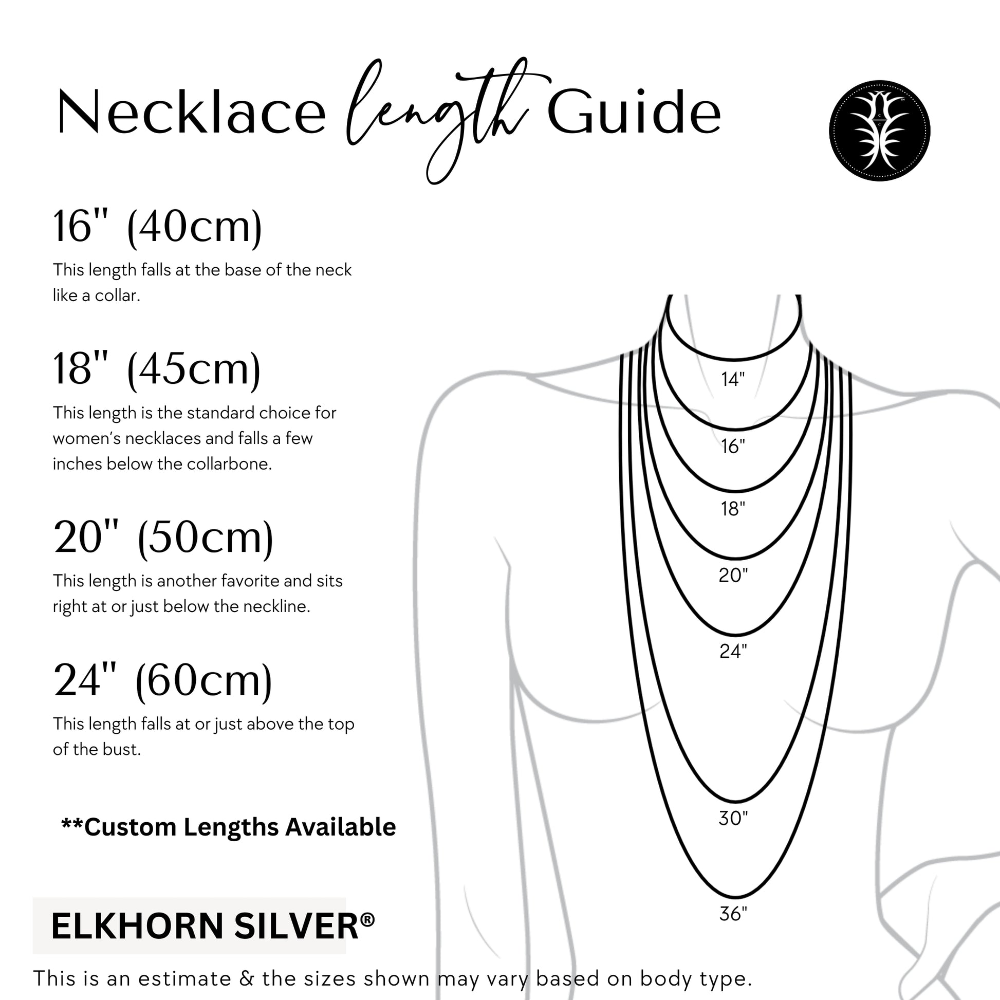 Necklace Length Guide displays where a necklace will fall approximately at the base of the neck.  May vary based on body type.  Image is in black and white with Elkhorn Silver Logo in the upper right and trademark Elkhorn Silver shown at the bottom.