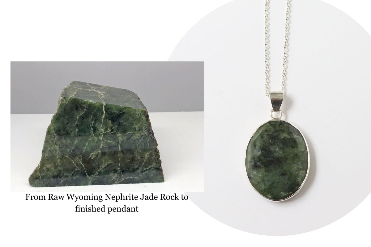An Argentium silver Wyoming Nephrite Jade pendant necklace shown alongside the corresponding rough raw material. The image features a text overlay that reads 'From Raw Wyoming Nephrite Jade Rock to finished pendant'.