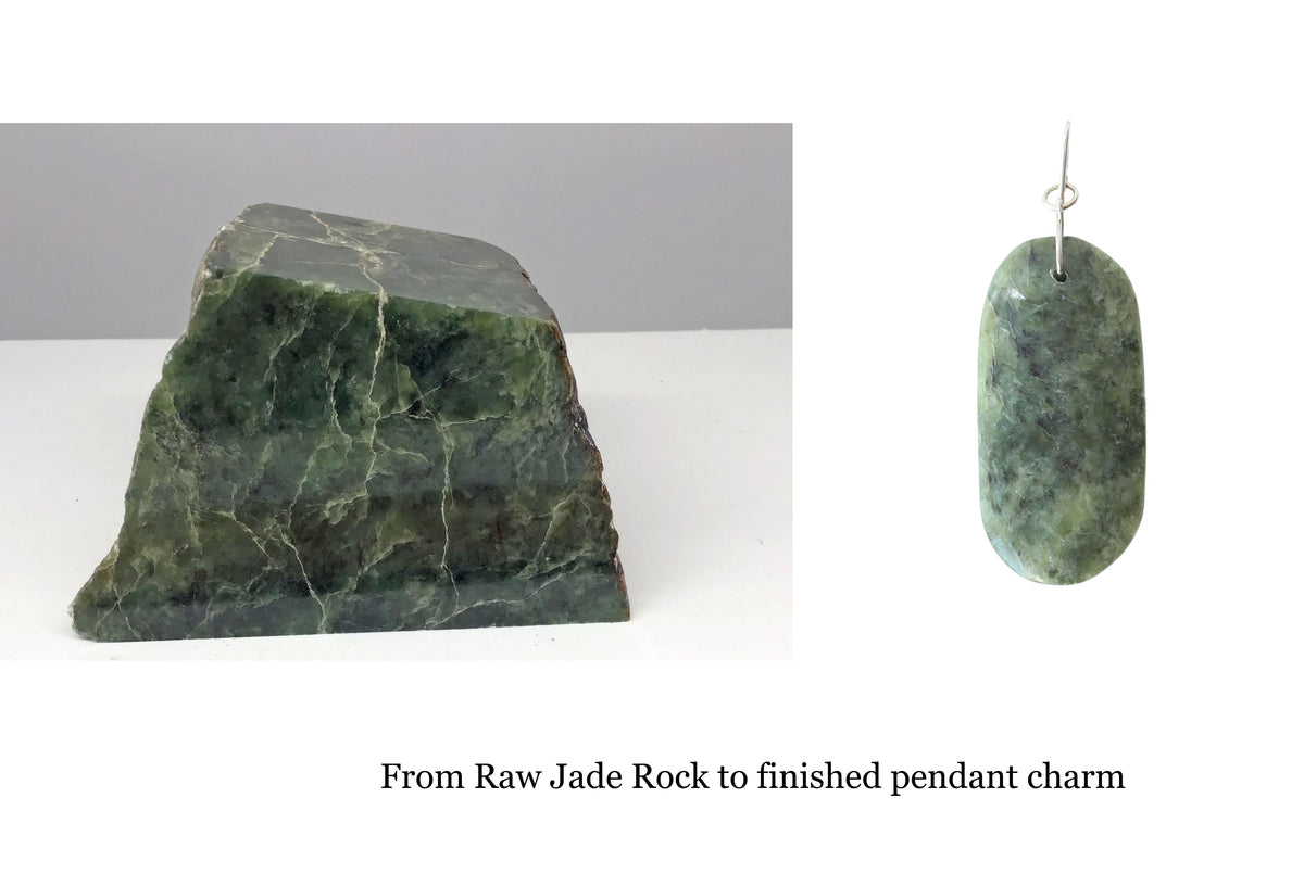 A green raw jade rock specimen shown next to a finished pendant charm made from the same stone, with the text 'From Raw Jade Rock to finished pendant charm' below on a white background.