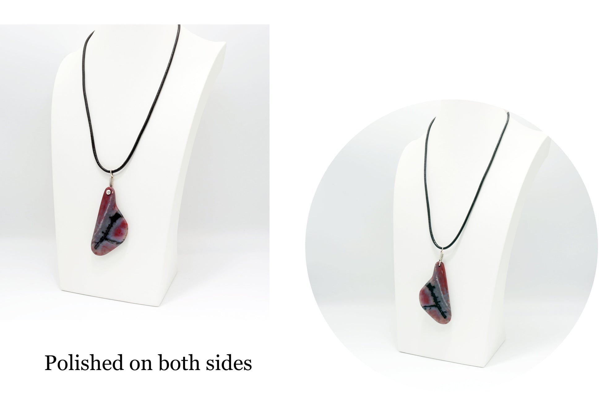 A Petrified Wood Pendant with Red Black stripes shown in a side-by-side image depicting both sides of pendant on jewelry mannequin with leather cord (not included).