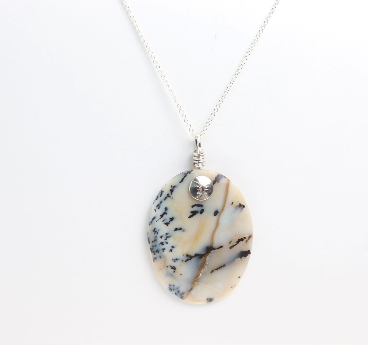 Dendritic Agate pendant necklace with 1.7 mm Argentium Silver chain shown on white background.