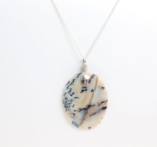 Dendritic Agate pendant necklace with 1.7 mm Argentium Silver chain shown on white background.