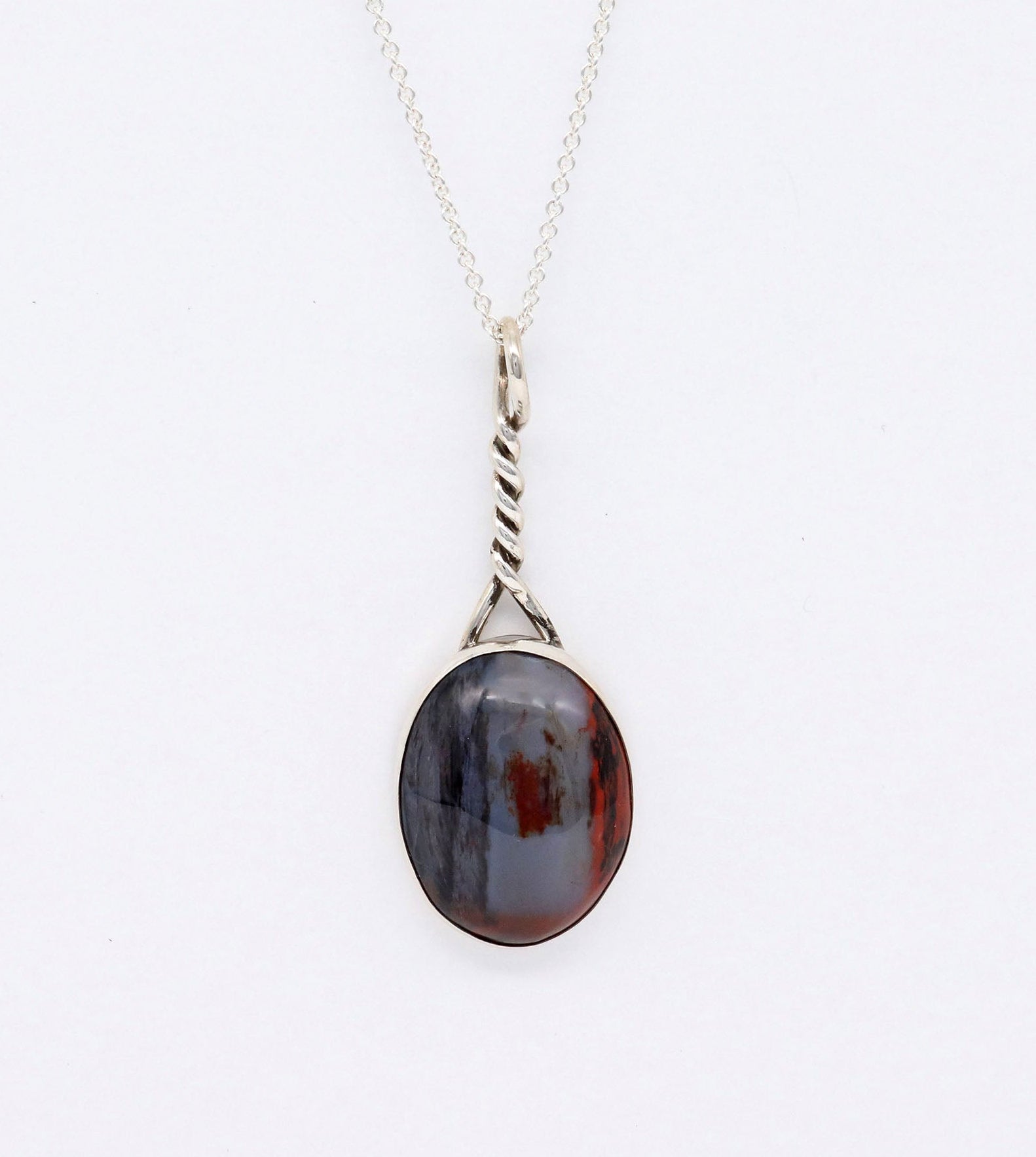 Oval shaped natural Petrified Rainbow Wood pendant set in solid Argentium silver bezel with custom twist bail.  Shown suspended from Argentium silver chain on light gray background.