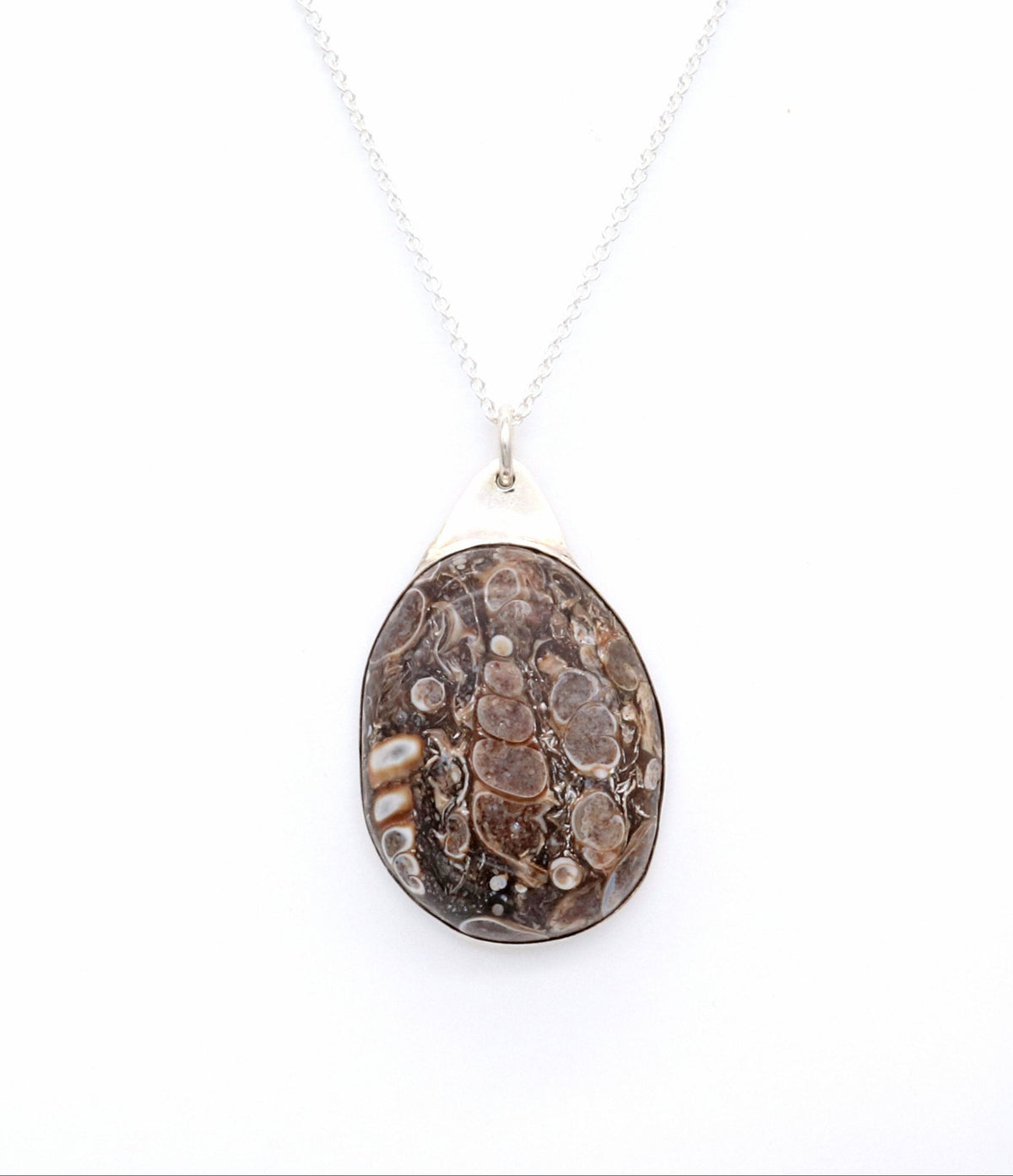 Natural Turritella Agate fossil pendant in Argentium 935 Silver with silver chain