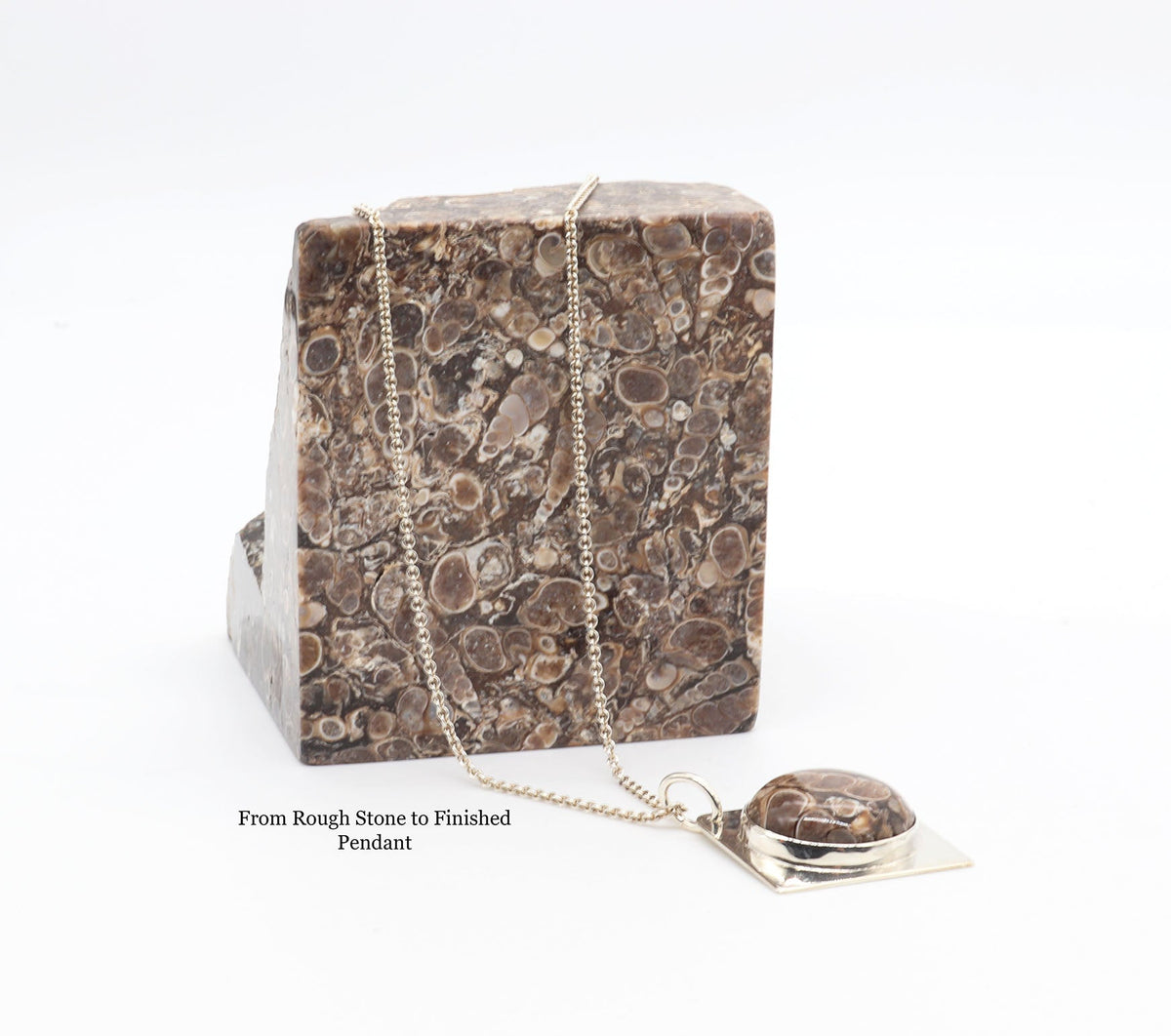 Natural Turritella Agate fossil pendant in Argentium 935 Silver with Argentium silver chain next rough Turritella rock.  Text reads 'From Rough Stone to Finished Pendant'