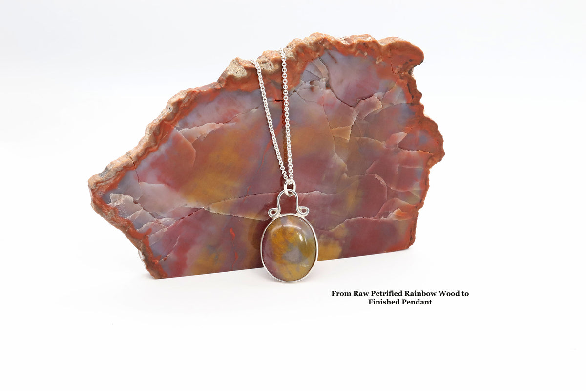 A Petrified Rainbow Wood pendant necklace  displayed next to piece of raw petrified rainbow wood rock against a white background. Text overlay reads 'From Raw Petrified Rainbow Wood to Finished Pendant'