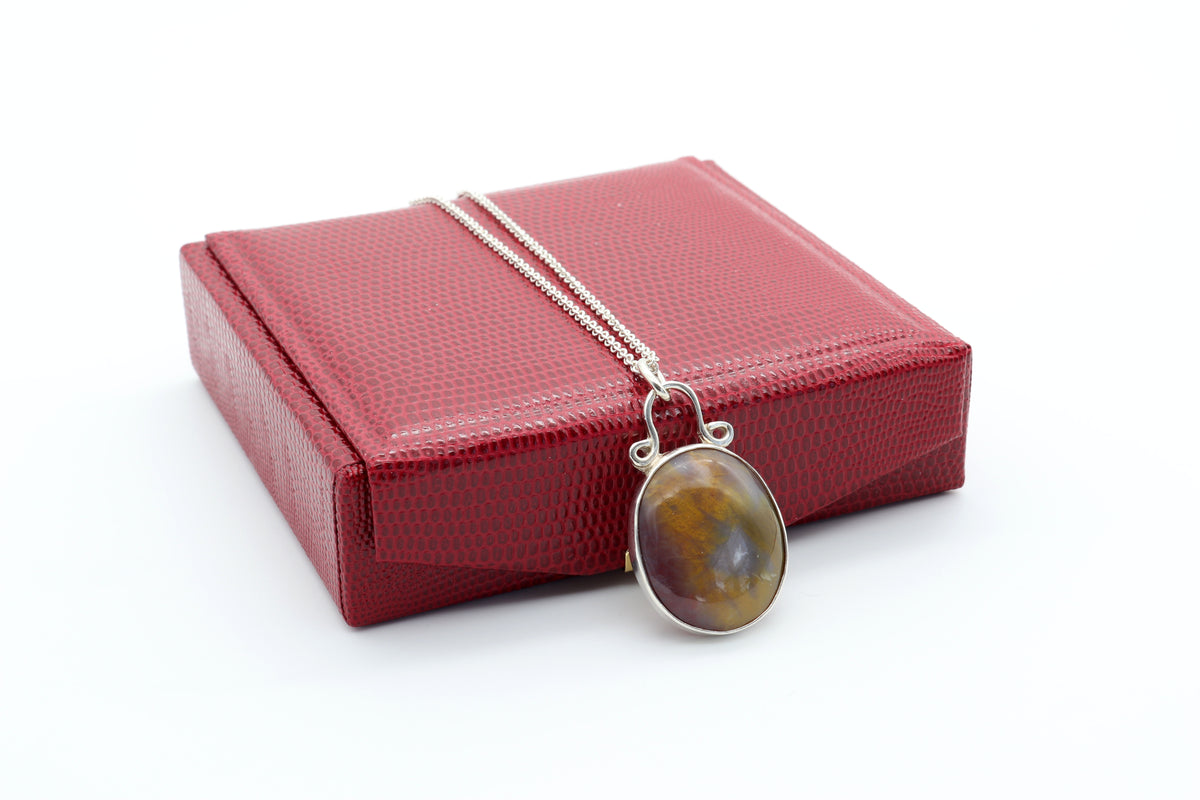 A silver chain necklace with an oval Petrified Rainbow Wood pendant featuring warm golden, rust, gray, and earthy tones along with the distinctive patterns preserved in the stone, displayed leaning against a textured red jewelry box against a white background.