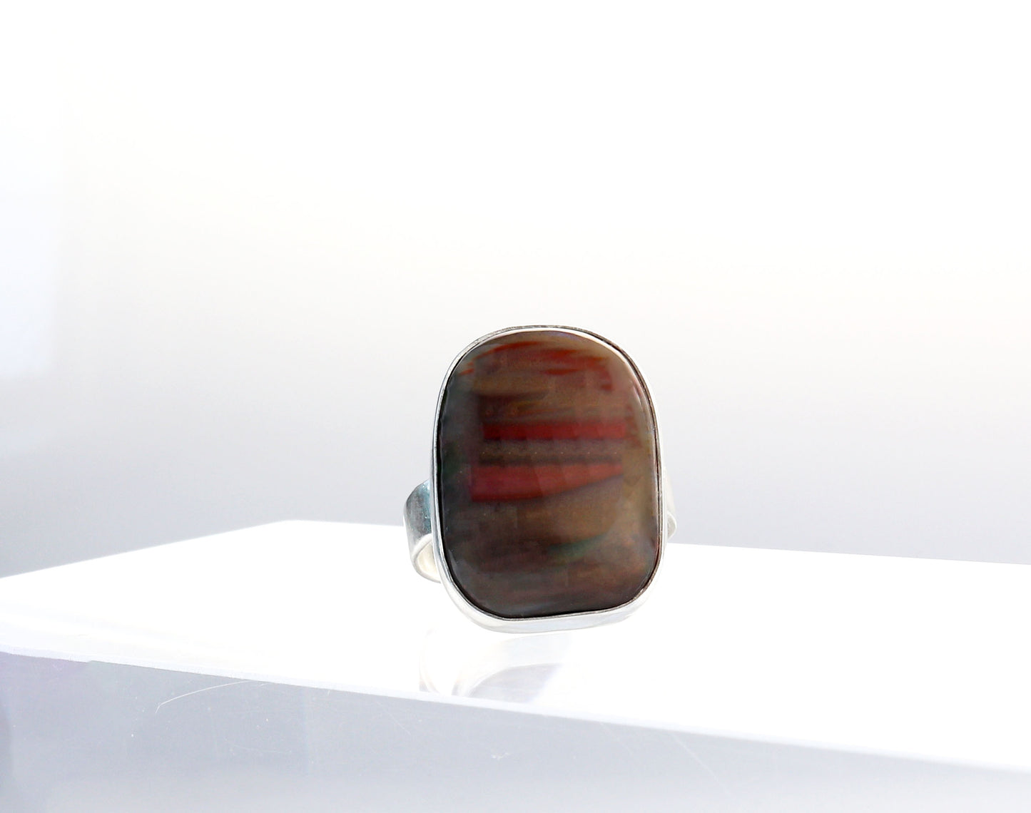 Front View of Petrified Rainbow Wood Ring in Argentium Silver