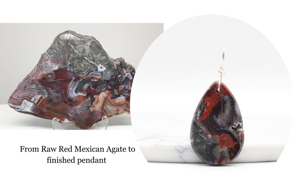 Raw and finished views of a teardrop pendant made from red Mexican agate, showing marbled patterns of red, black, gray, and white. The left side shows the rough stone on a display stand with descriptive text, while the right side shows the polished pendant hanging from a silver wire loop on a white marble surface. Text reads 'From Raw red Mexican Agate to finished pendant'