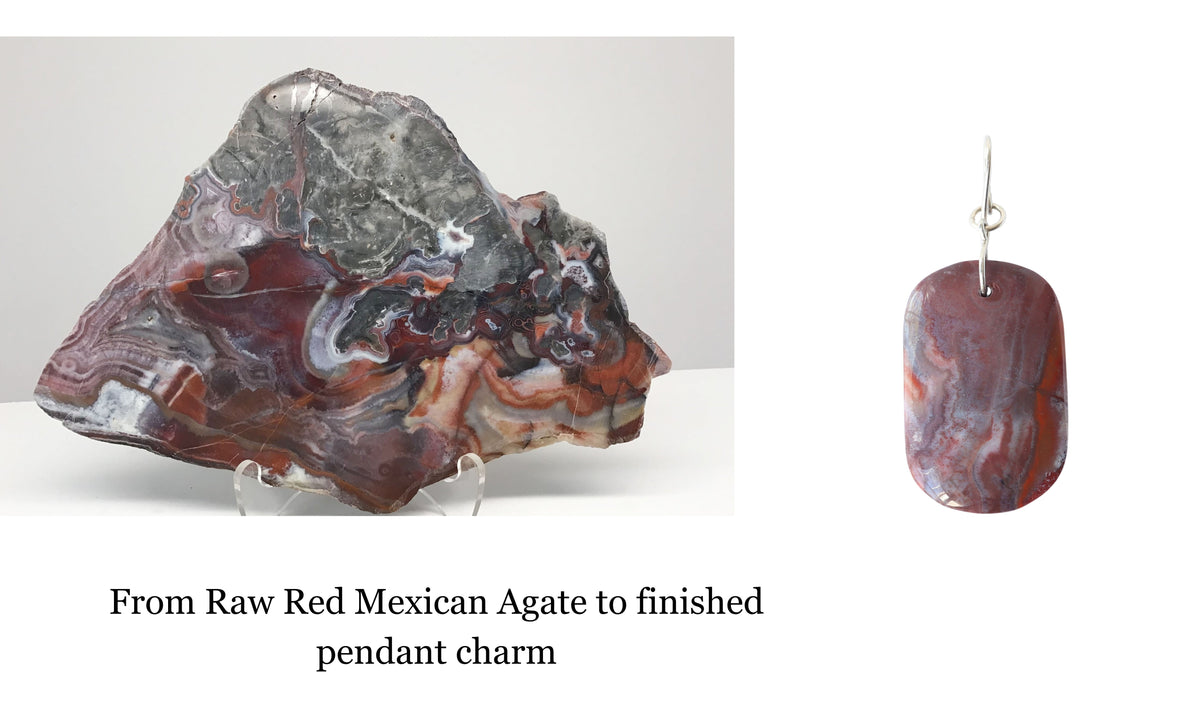 Red Mexico agate pendant next to raw agate used to craft this pendant.  Text on image reads 'From Raw Red Mexican Agate to finished pendant charm'