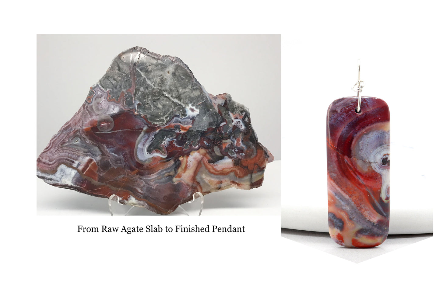 Actual Red Mexican Agate slab used to create pendant shown adjacent to the rock on white background.