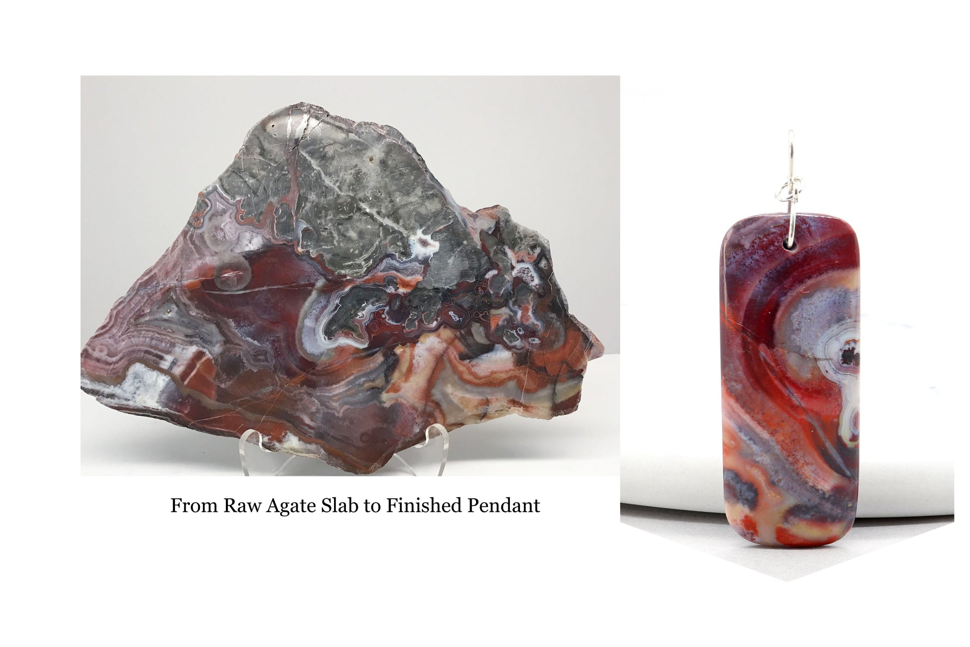 Actual Red Mexican Agate slab used to create pendant shown adjacent to the rock on white background.