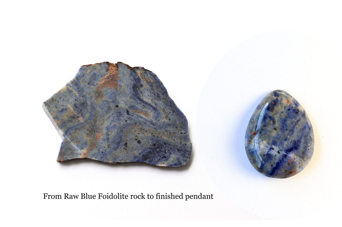 A raw and polished blue foidolite stone shown on a white background, with a caption reading 'From Raw Blue Foidolite rock to finished pendant'. The left side shows an irregular rough stone slice, and the right side shows a smooth, polished teardrop-shaped cabochon.