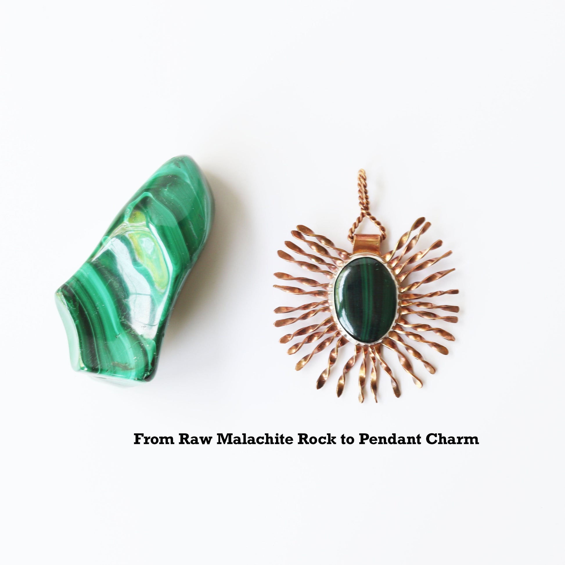 Raw Malachite Rock shown next to pendant to illustrate the process of raw stone to unique gemstone pendant. Text overlay indicates From Raw Malachite Rock to Pendant Charm.