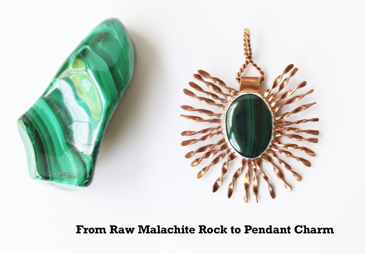 Raw Malachite Rock shown next to pendant to illustrate the process of raw stone to unique gemstone pendant. Text overlay indicates From Raw Malachite Rock to Pendant Charm.