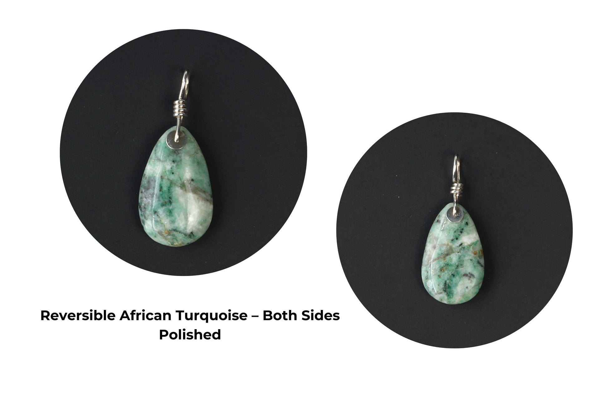 Handcrafted African Turquoise pendant with Argentium 935 Silver bail, 57.15mm, showing both reversible polished sides with blue-green hues and matrix patterns on a black background