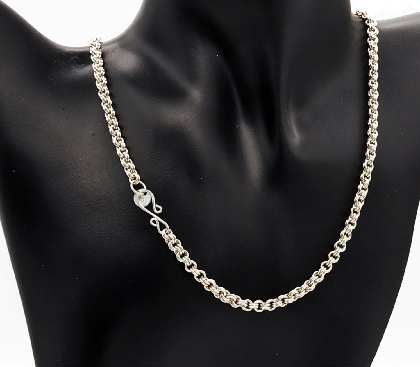 Argentium Silver double link chain necklace on a black mannequin bust shown with custom S-Hook clasp against a white background