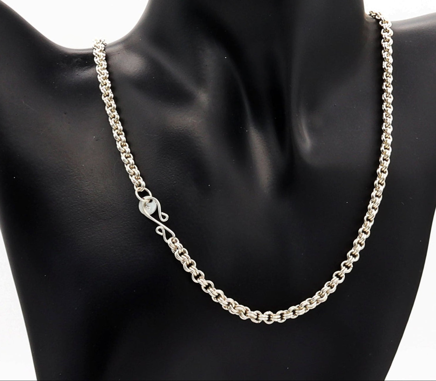 Argentium Silver double link chain necklace on a black mannequin bust shown with custom S-Hook clasp against a white background