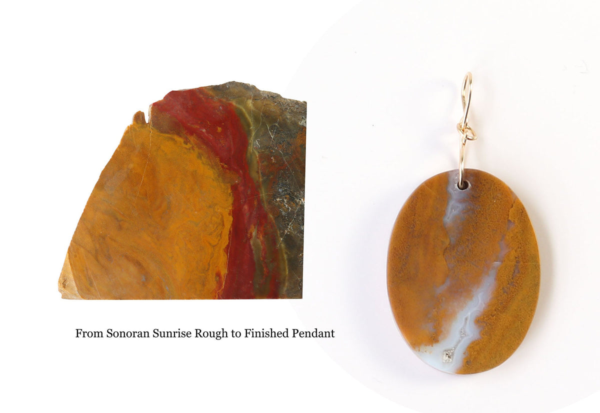 Shown next to the actual slab of Sonoran Sunrise used to craft this one-of-a-kind Sonoran Sunrise Pendant - Hand-cut and polished displaying rich warm golden ochre tones with soft white veining and natural inclusion with a 14/20 gold-filled infinity bow bail — shown on white background.  Text overlay says From Sonoran Sunrise Rough to Finished Pendant.